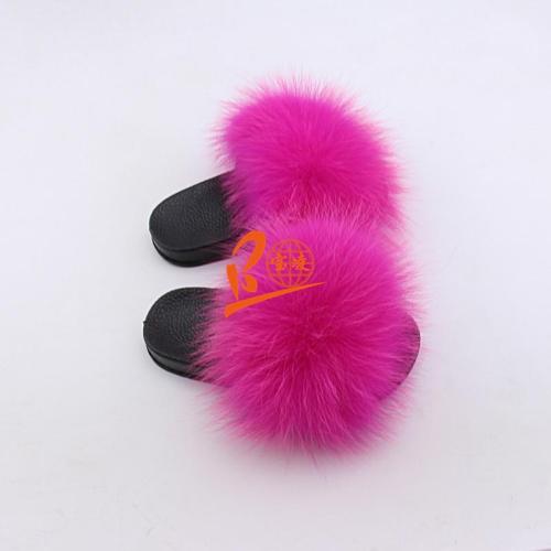 BLK03 Fushia Hot Pink or Customized Color Black Sole Kids Fox Fur Slippers
