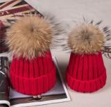 BLRFH02 Mother Kids Raccoon Fur Balls Knitted Hats