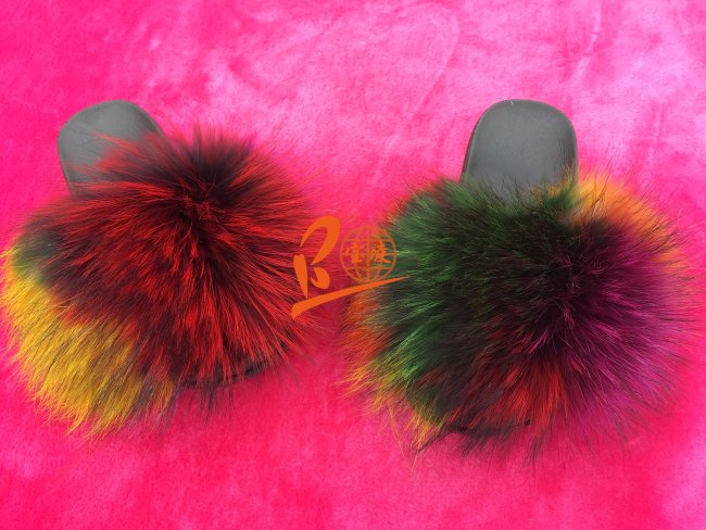 BLRC Rainbow Multiple Color Splat Colorful Raccoon Fur Slippers
