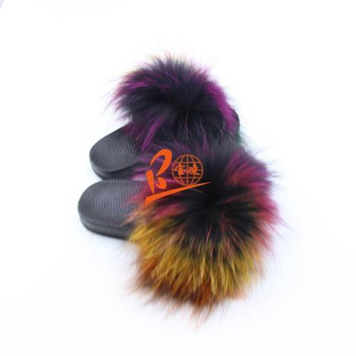 BLK01 Colorful or Customized Color Black Sole Kids Fox Fur Slippers