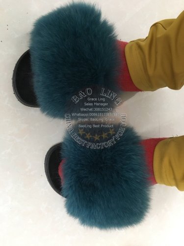 BLFT Teal Fox Fur Slippers Slides