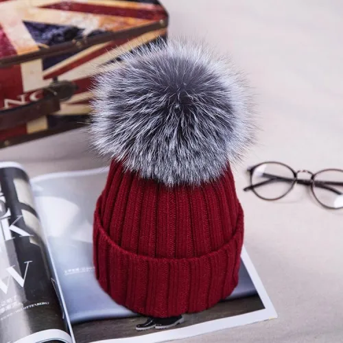 BLRFH03 Sliver Fox Fur Ball Knitted Winter Hats