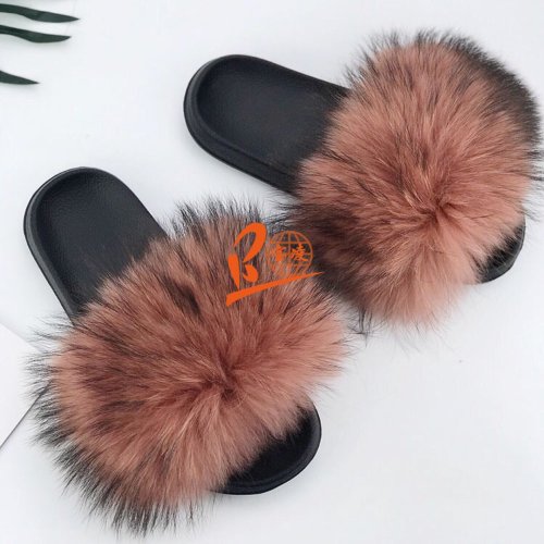 BLRDRBC Deep Red Bean Color Raccoon Fur Slippers