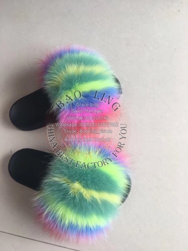 BLFRC06 Rainbow Colorful Splat Fox Fur Slippers