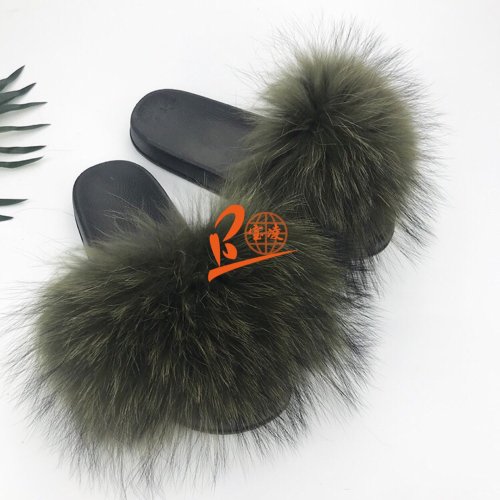 BLRAG Army Green Raccoon Fur Slippers