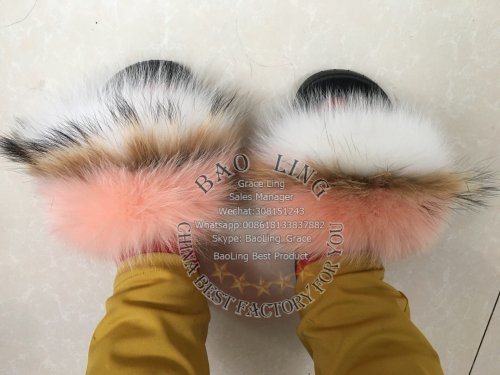 BLFRWP White Pink Fox Raccoon Fur Slippers