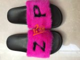 Fuscia Hot Pink Black Sole Mink Fur Slippers