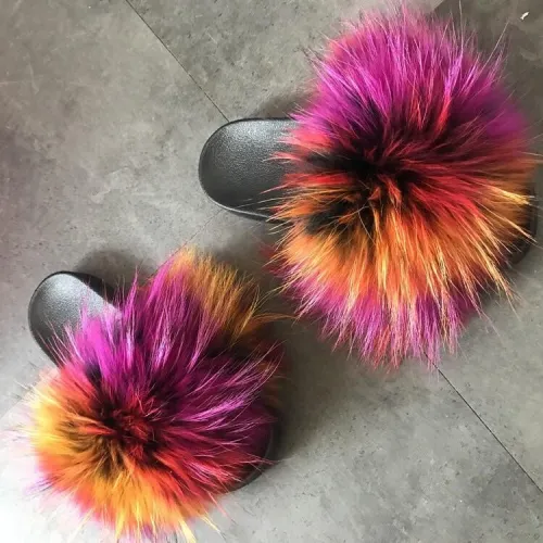 BLRR Rainbow Colorful Raccoon Fur Slippers