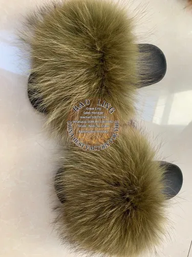 BLRBAG Biggest Army Green Raccoon Fur Slippers Slides