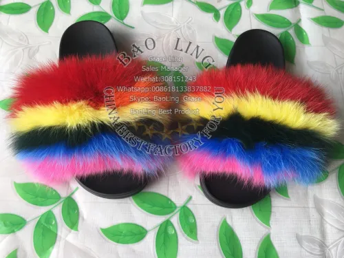 BLFRC Rainbow Colorful Fox Fur Slippers