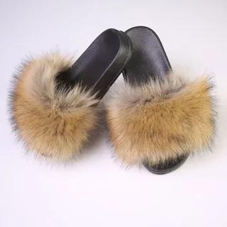 BLTFAUX08 Faux Brown Raccoon Fur Slides Slippers