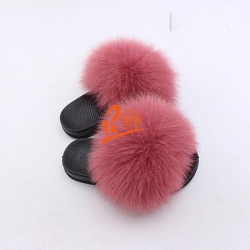 BLK10 Fresh Pink or Customized Color Black Sole Kids Fox Fur Slippers
