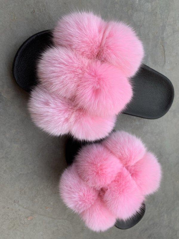 BLFPP Pink Fox Fur Ball Pompom Slides Slippers