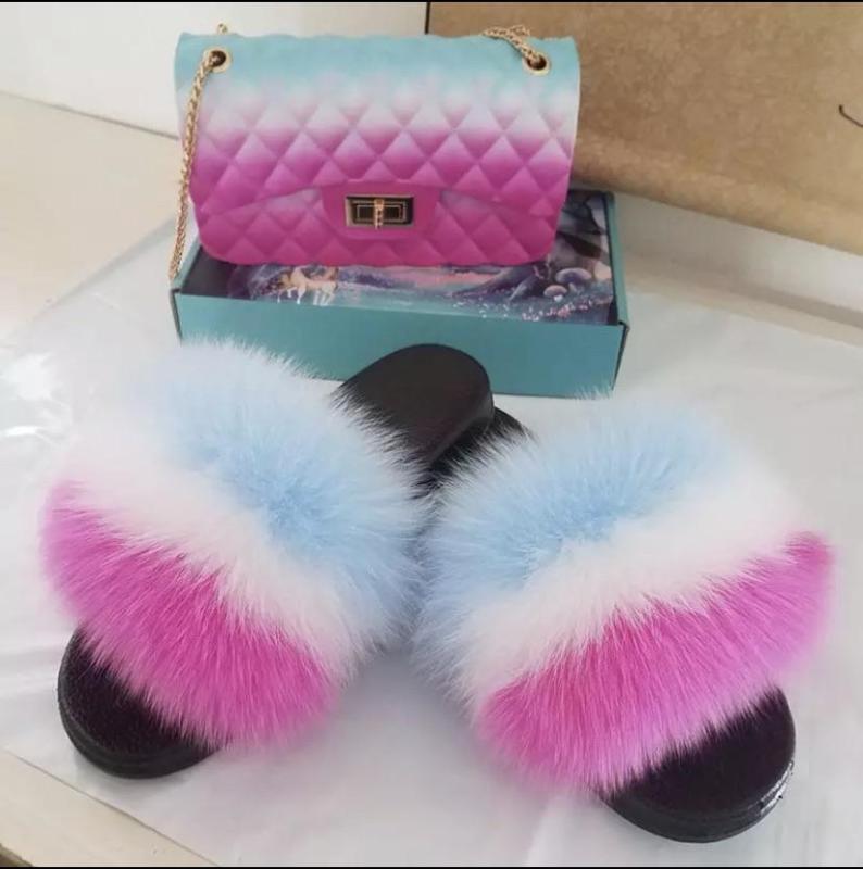 BLSB009 Fox Fur Slides Slippers with handbag Purse One Set