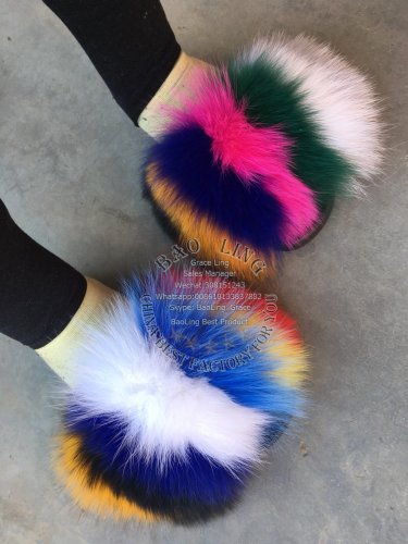 BLFBR Biggest Rainbow Colorful Fox Fur Slippers Slides