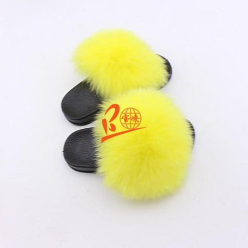 BLK17 Yellow or Customized Color Black Sole Kids Fox Fur Slippers