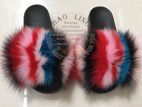 BLFRC10 Rainbow Colorful Splat Fox Fur Slippers