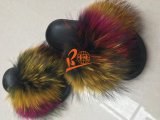 Colorful Rain Bow Black Sole Raccoon Fur Slippers