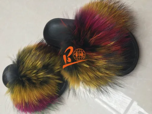 Colorful Rain Bow Black Sole Raccoon Fur Slippers