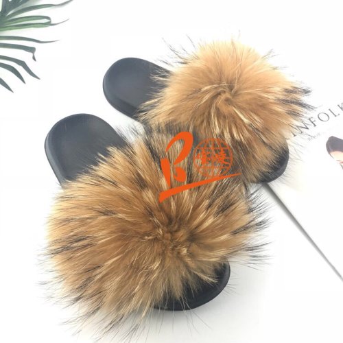 BLRN Natural Raccoon Fur Slippers