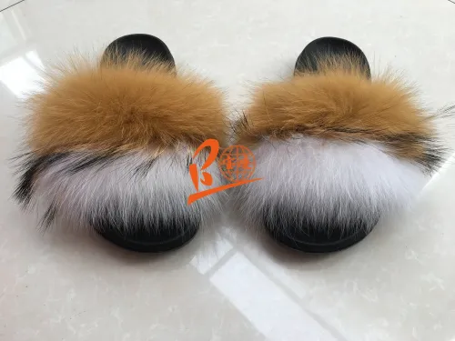 BLFRBW Brown White Fox Raccoon Fur Slippers