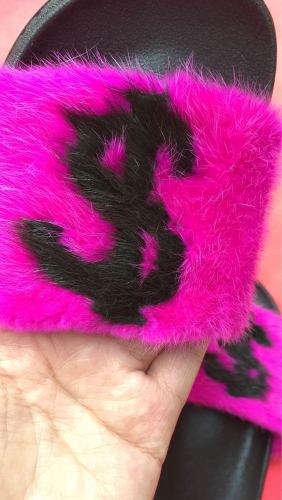 Fuscia Hot Pink Black Sole Mink Fur Slippers