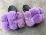 BLFFSP Purple Fur Balls Pompom Rex Rabbit Fur Slippers