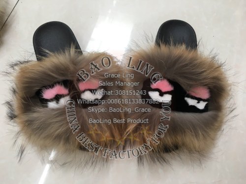 BLFM02 Natural Raccoon Monster Fur Slippers