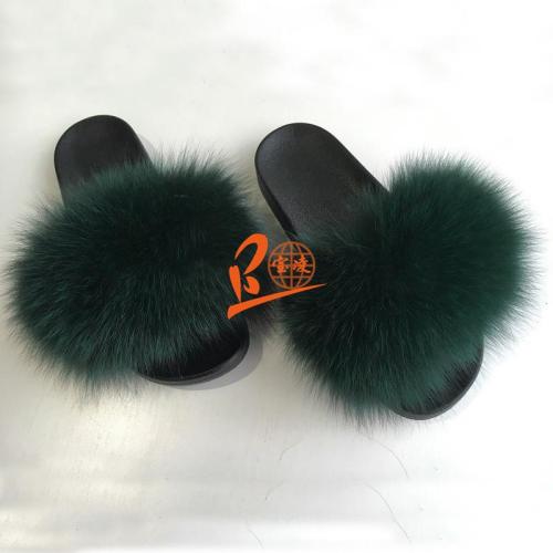 BLFSCDG Dark Green Fox Fur Slippers