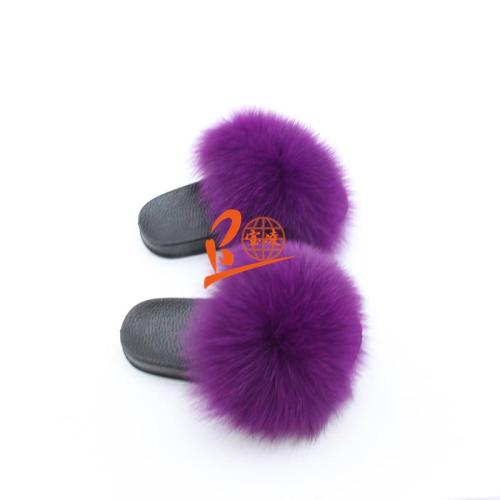BLK06 Dark Purple or Customized Color Black Sole Kids Fox Fur Slippers