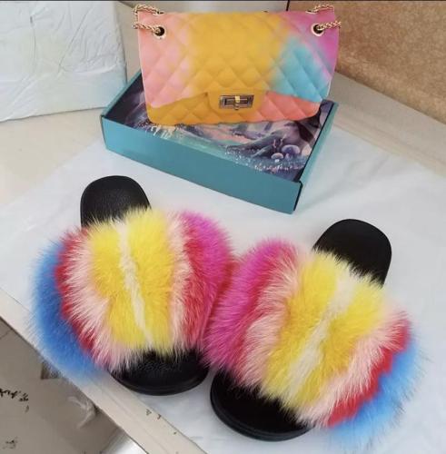 BLSB011 Fox Fur Slides Slippers with handbag Purse One Set