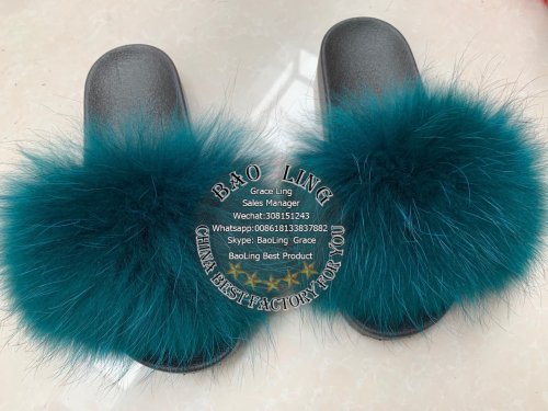 BLFSCDG Dark Green Fox Fur Slippers Slides Sandals