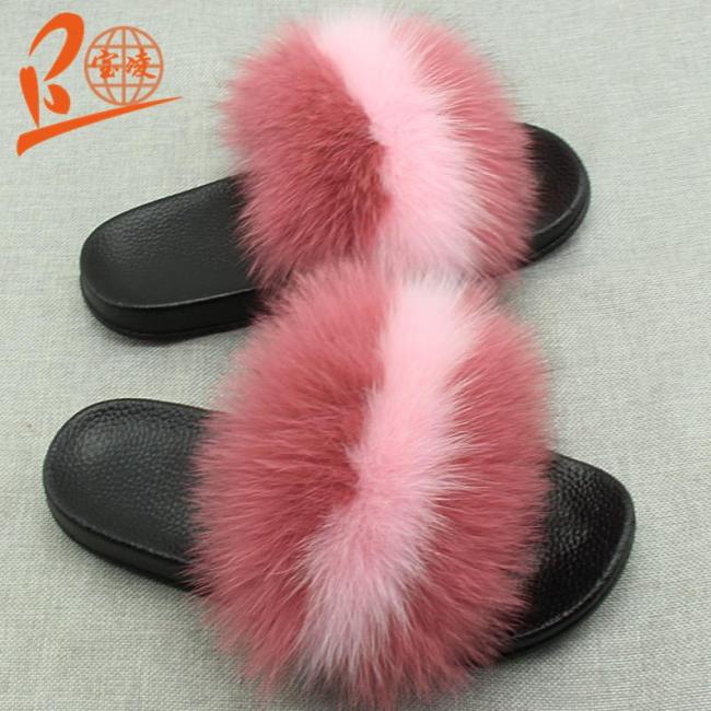 BLFBDC Black Sole Different Color Fox Fur Slippers