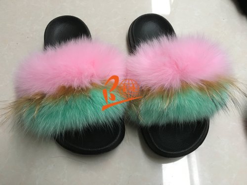 BLFRTBP TIFANNY BLUE Pink Fox Raccoon Fur Slippers