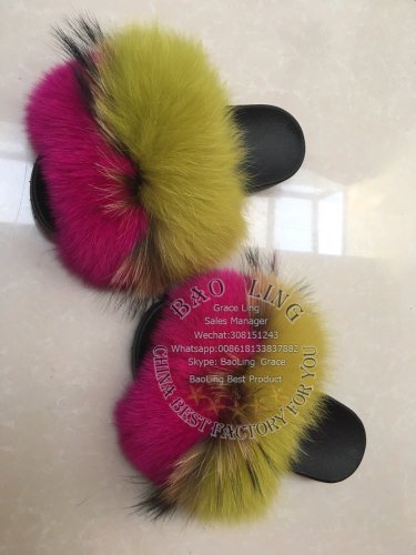 BLRBAGF Biggest Apple Green Fuscia Hot Pink Fox Raccoon Fur Slippers