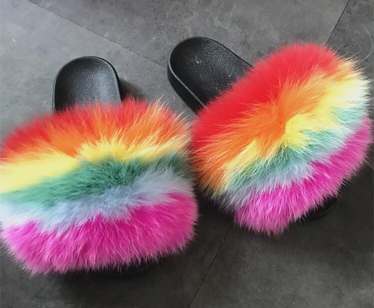 rainbow fox fur slides