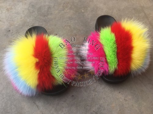 BLFRC03 Rainbow Colorful Splat Fox Fur Slippers