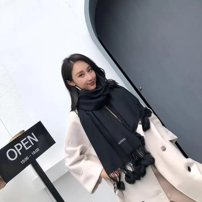 BLFS Faux Cashmere Rabbit Fur Pompom Scarf