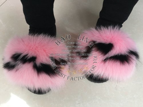 BLFBPB Biggest Pink Black Fox Fur Slippers Slides