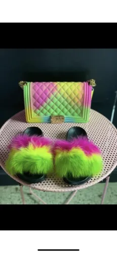 BLSB18 One set Fur Slides Slippers Purse Handbags