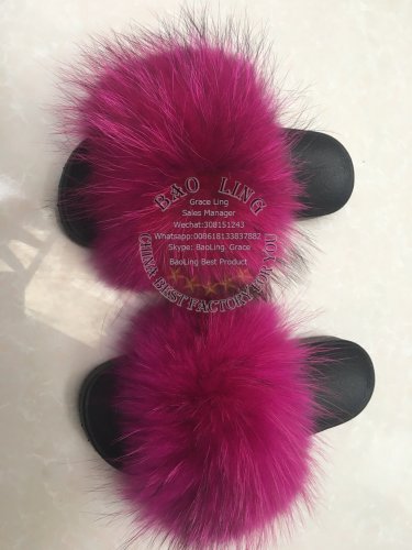 BLRHP Hot Pink Natural Raccoon Fur Slippers Slide