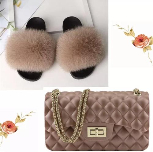 BLSB005 Fox Fur Slides Slippers with handbag Purse One Set