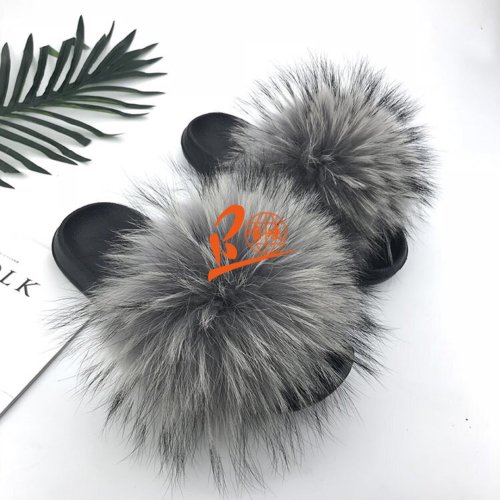 BLRMG Middle Grey Raccoon Fur Slippers