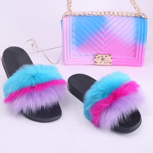 BLSB03 Faux Fur Slides Slippers with handbag Purse One Set