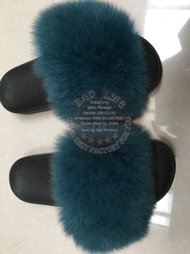 BLFT Teal Fox Fur Slippers Slides