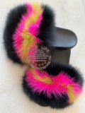 BLFBBHG Black Hot Pink Green Fur Slides Slippers