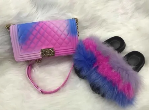 BLSB15 One set Fur Slides Slippers Purse Handbags