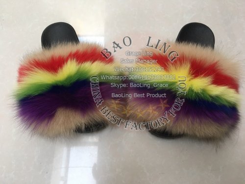 BLFRC13 Rainbow Colorful Splat Fox Fur Slippers