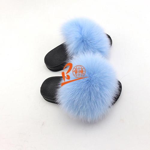 BLK09 Light Blue or Customized Color Black Sole Kids Fox Fur Slippers