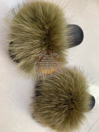 BLRBAG Biggest Army Green Raccoon Fur Slippers Slides